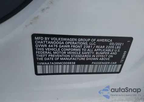 2021 Volkswagen Passat 2.0T S из США, поврежденный, VIN 1VWAA7A36MC009838